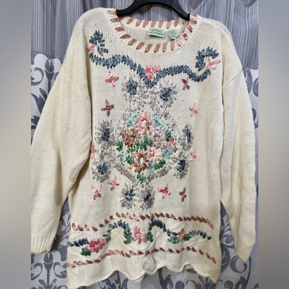 Vtg 80s Colleen Collectibles White Knit Ribbon Floral Planter Pullover Sweater M